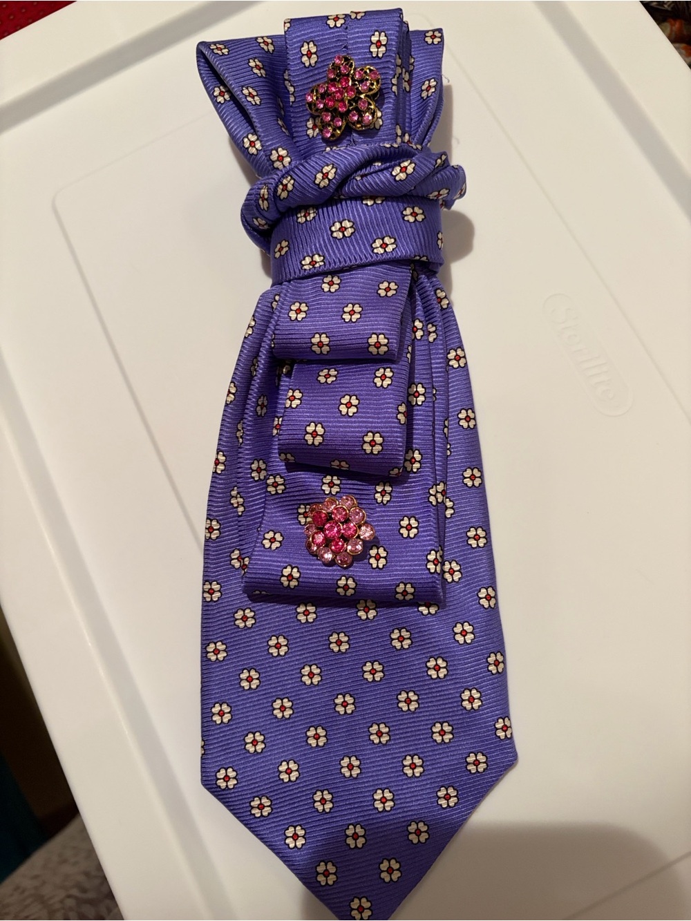 Lands' End Purple Floral Necklace Tie with Pink Brooch Accents